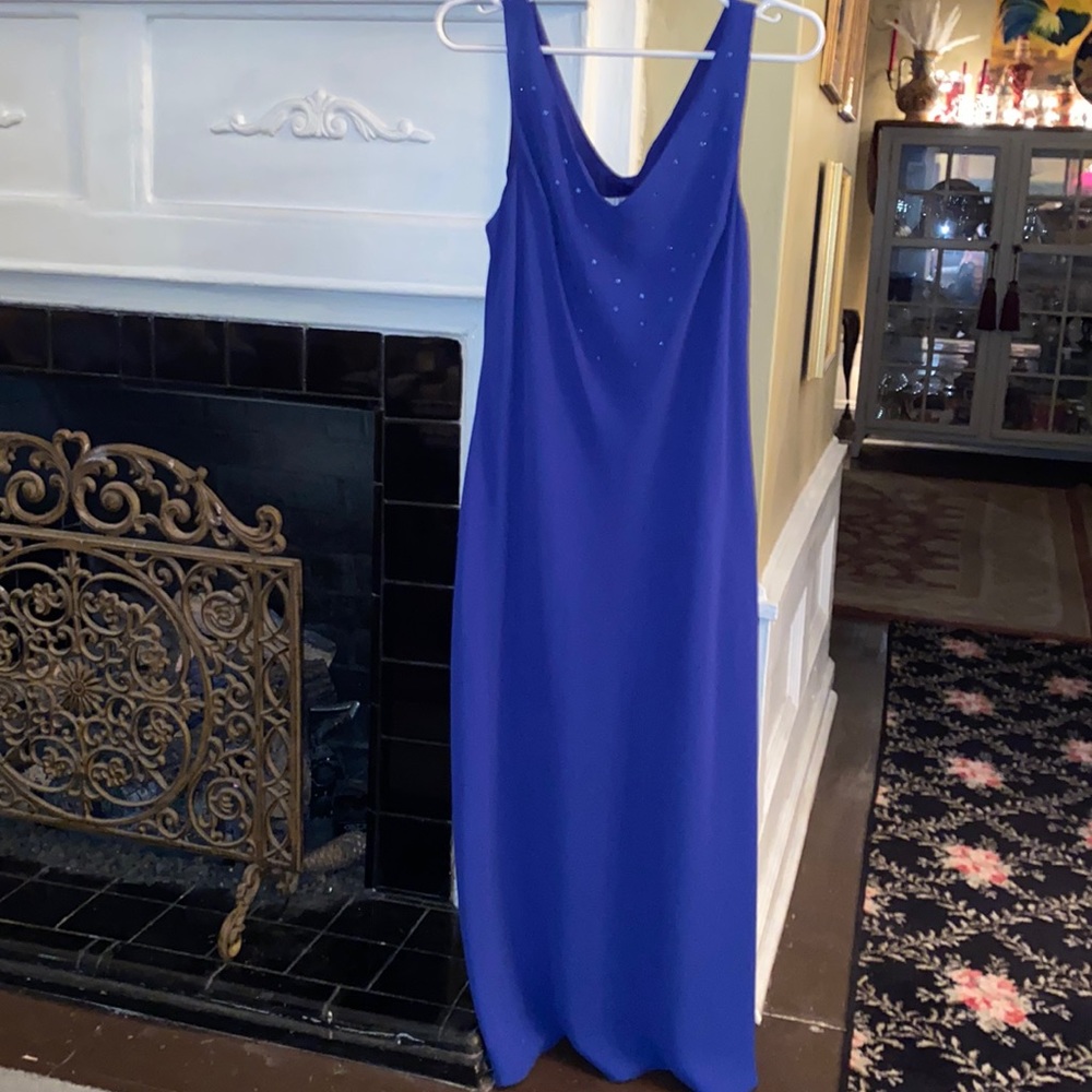 Blue party dress! Sequins where they count..framing your pretty face. V ft/ rear
